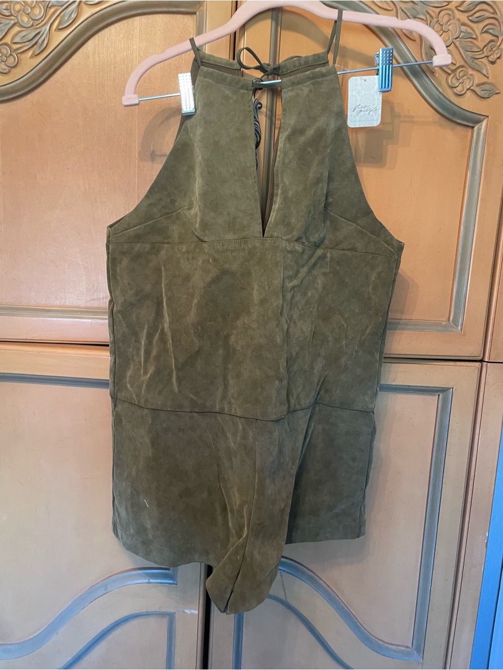 Free People Army Green Suede Halter Romper